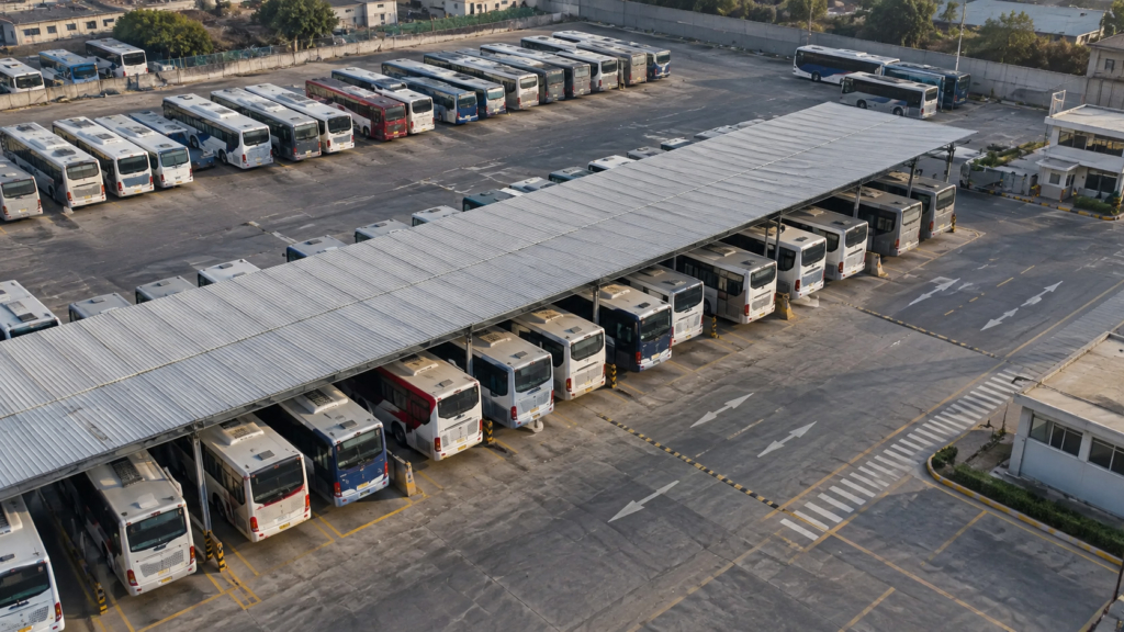 Buses preparados pero detenidos como metáfora de recursos disponibles con baja ejecución presupuestal